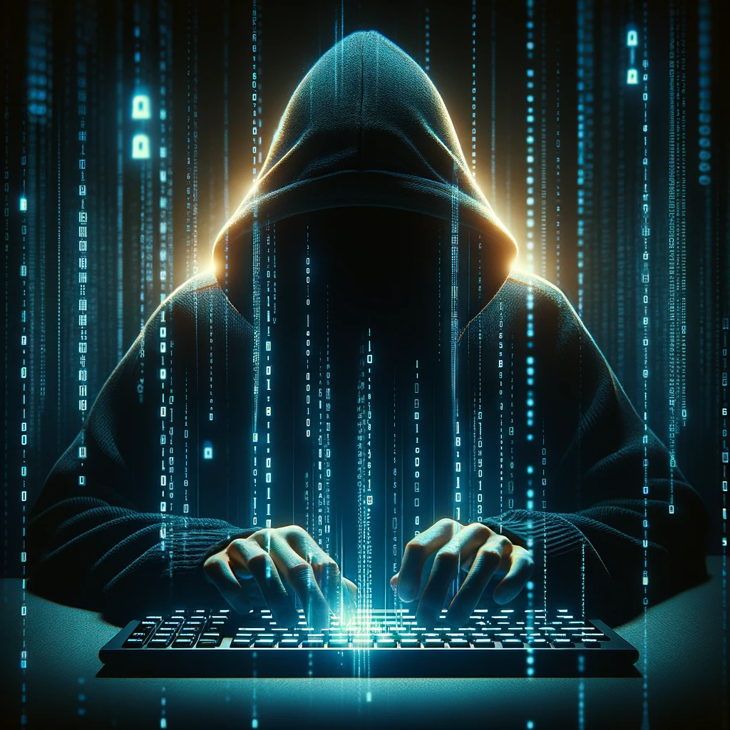 A hooded figure in a dark room types on a keyboard, with digital binary code raining down around them, symbolizing clandestine online activity.