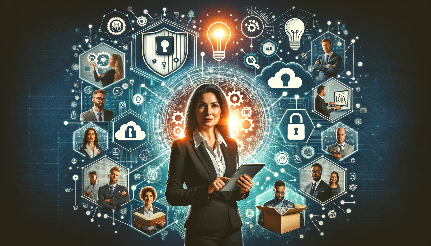 Small business owner with digital tablet surrounded by symbols of IT challenges and solutions, including cybersecurity shield, cloud services, knowledge book, toolbox, and diverse IT professionals.